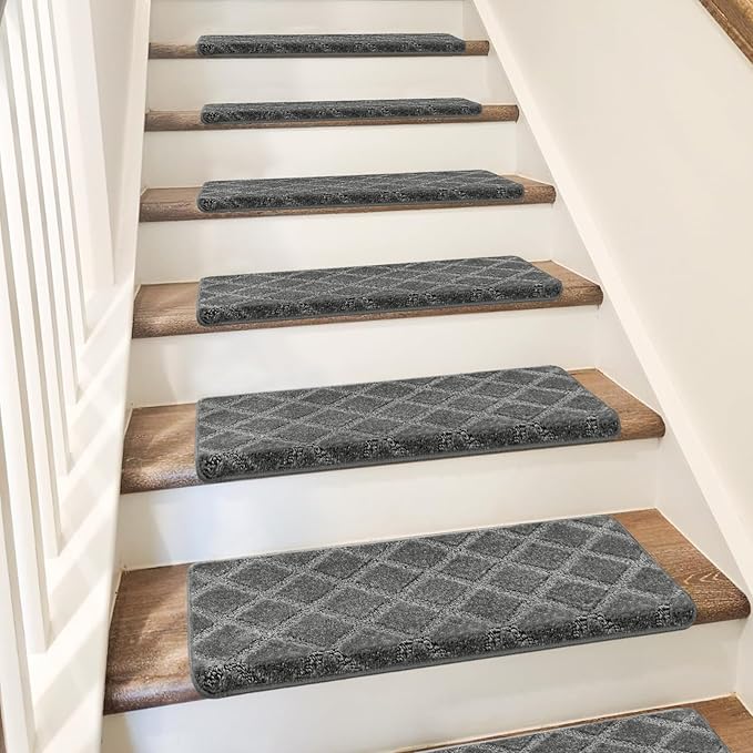 PURE ERA Bullnose Carpet Stair Treads Set Tape Free Non-Slip Indoor Stair Protectors Pet Friendly Rugs 9.5" x 30"(7 Pieces,Grey Diamond Trellis)