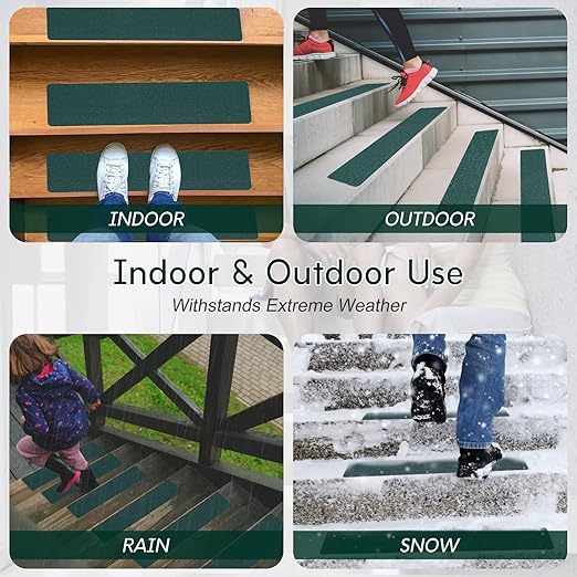 S&X Stair Treads Non Slip Outdoor Indoor, 5-Pack 6” x 24” Pre-Cut Non Skid Tape Dark Green, Heavy Duty Grip Tape for Stairs, Anti Slip Traction Strips for Wood, Concrete Steps