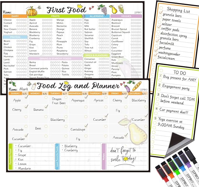 JJPRO Baby First Foods Tracker Fridge Magnet, Daily Food Log Meal Planner, 100 Foods Before 1 Checklist, Baby Daily Log Whiteboard, First Food Tracker for Refrigerator
