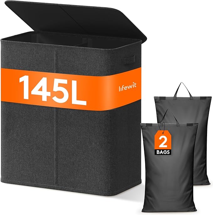 Lifewit Double Laundry Hamper with Lid and Removable Laundry Bags, Large Collapsible 2 Dividers Dirty Clothes Basket with Handles for Bedroom, Laundry Room, Closet, Bathroom, College, 145L Dark Gray