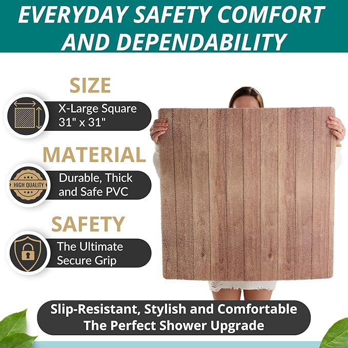 Square Shower Mat - Non Slip Shower Mats for Inside Shower - Extra Large 31x31 Shower Floor Mat Non Slip - Square Bath Mat for Shower - Secure Anti Slip Loofah Shower Bath Mat (31x31 Wood Teak)