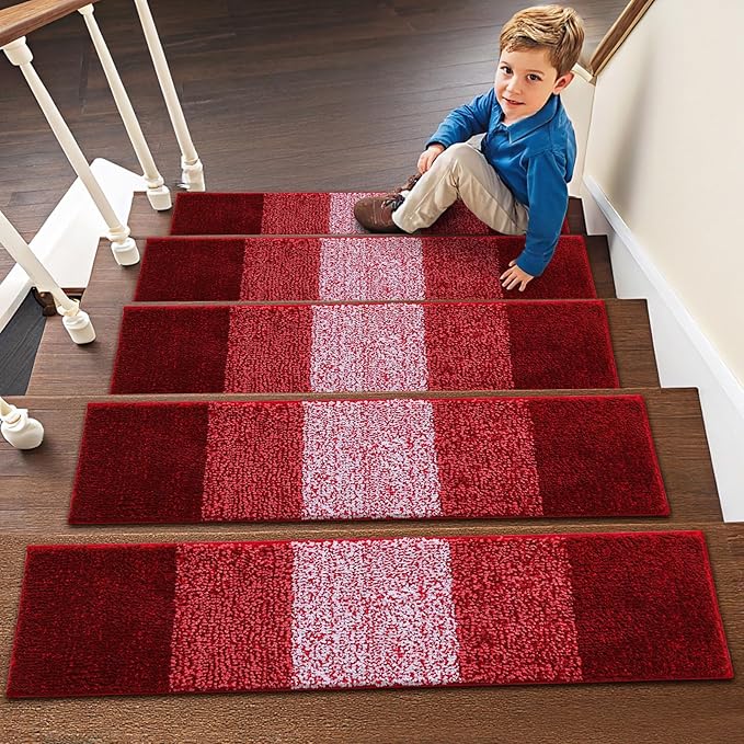 OLANLY Stair Treads Non Slip 15PCS, 8" x 30" Indoor Stair Runners for Wooden Steps, Edging Stair Rugs with Reusable Peel and Stick Adhesive for Kids Elders and Pets, Burgundy