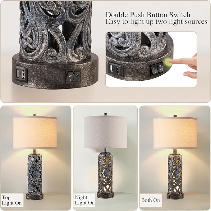 RORIANO 25'' Set of 2 Rustic Table Lamp for Bedroom Living Room with 2 USB Ports, Farmhouse Vintage Resin Nightstand Lamp with Nightlight, Antique Retro Desk Lamp for Entryway, 2 Bulbs Included