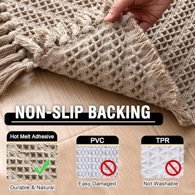 H.VERSAILTEX Waffle Bath Mat Super Absorbent Boho Bath Mat Non Slip Bath Rugs for Bathroom Floor Machine Washable Dry Fast Bathroom Rugs with Handmade Tassels, 20" x 32", Irish Cream