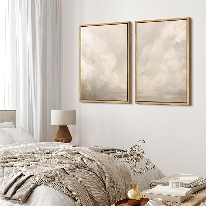 MUDECOR Framed Canvas Print Wall Art Neutral Cloudscape Soft Abstract Sky Illustrations Modern Art Decorative Bohemian Colorful Chic for Living Room, Bedroom, Office - 16"x24"x2 Natural