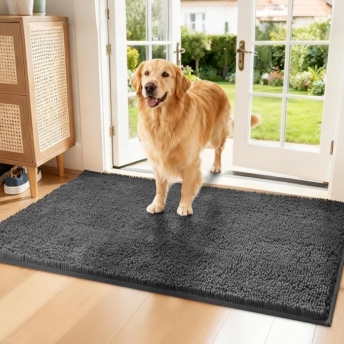 Chenille Absorbent Front Door Mat 60" x 30", Dog Door Mat for Muddy Paws, Dirt Trapper Doormat, Mud Mat for Dogs, Washable Non Slip Outdoor Indoor Doormats for Entryway, Grey