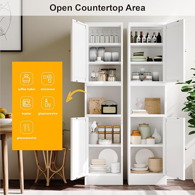 2-Door Metal Storage Cabinet, Tall Slim Pantry Organizer with 3 Adjustable Shelves (120LBS/Shelf), Anti-Tipping Waterproof Cabinet for Bathroom/Kitchen/Home Office/Small Spaces, (1PC,White)