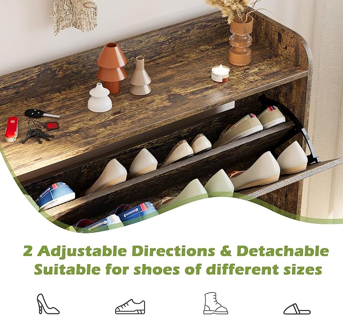 Shoe Cabinet Storage for Entryway with 2 Flip Drawers, 31.5’’ W Hidden Shoe Cabinet with Metal Legs & Hooks, Farmhouse Narrow Shoe Organizer for Hallway, Rustic Brown