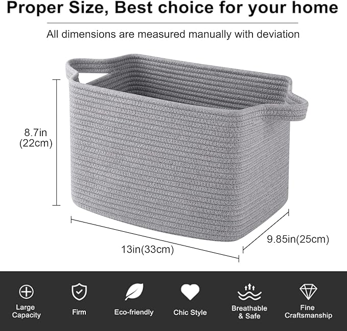 OIAHOMY Woven Storage Basket for Shelves, Rectangle Cotton Rope Baskets for Organizing, 13 x 10 x 9 in, Storage Bins for Dog Toys,Towel,Books,Gift,Grey
