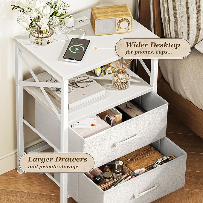 Huuger Nightstands Set of 2, Night Stand with Charger Station, 2 Drawer Side Table with Open Shelf, USB-C Port, End Table for Small Spaces, X Shaped Side Rail, White