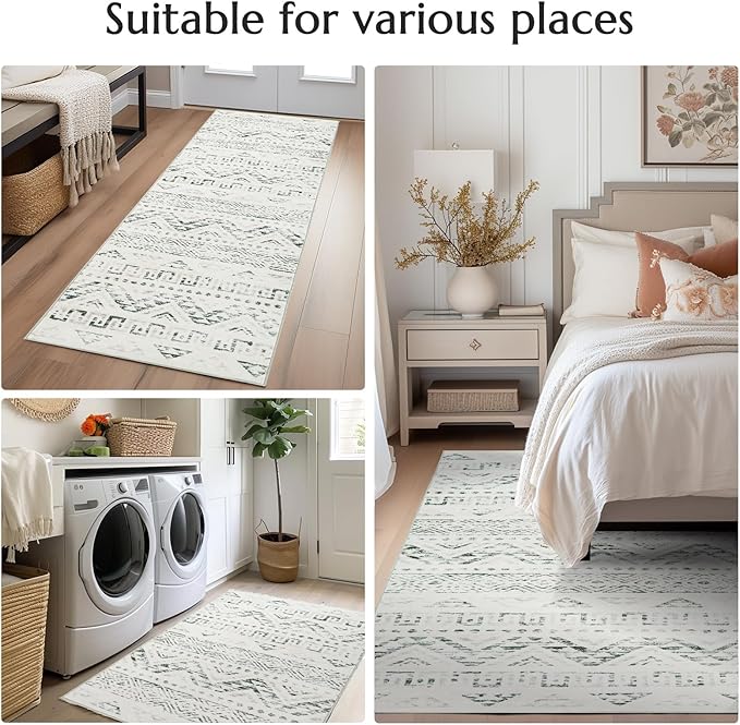 jinchan Boho 4x6 Neutral Area Rugs - Machine Washable Moroccan Soft Throw Rug Bohemian Diamond Design Non-Slip Carpet for Bedroom Entryway Living Room Kitchen Dining Room (4‘x6', Charcoal)