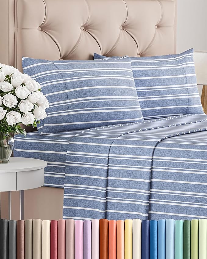Twin 4 Piece Sheet Set - Cooling & Breathable Bed Sheets - Hotel Luxury Bed Sheets for Women, Men, Kids & Teens - Bedding w/Deep Pockets & Easy Fit - Soft & Wrinkle Free - Twin Blue Stripes Sheets