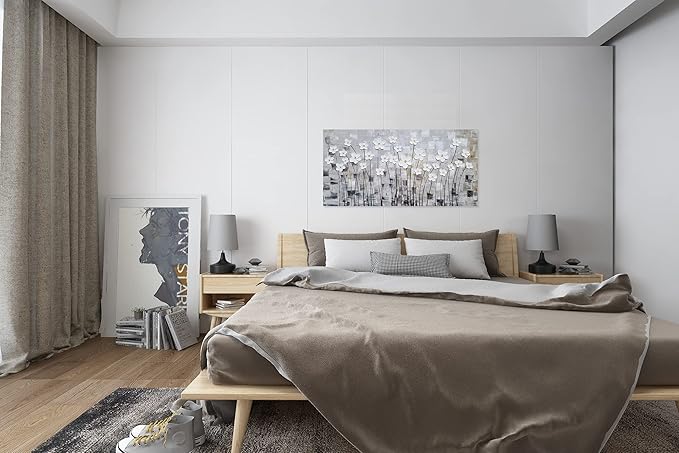 YHSKY ARTS Flower Picture Wall Decor with Heavy Textured Modern Grey and White 3D Paintings Contemporary Aesthetic Artwork for Living Room Bedroom Bathroom Decor