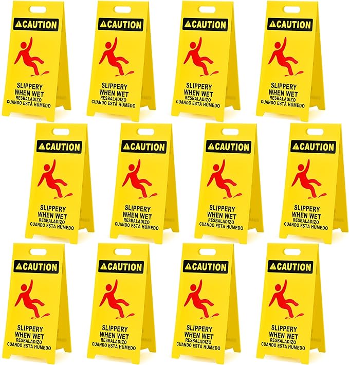 MATTHEW CLEANING 25'' Industrial Wet Floor Sign 12 Pack 2-Sided Durable Corrugated Plastic Birght Yellow Multilingual Warning Signs Commercial Caution Wet Fold-out Floor Signs For Indoors