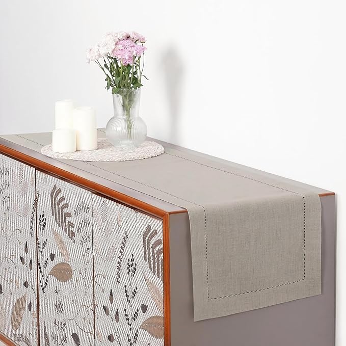 D'Moksha Homes Linen Natural Table Runner 36 Inches - 100% Pure Linen Small Table Runner 14 x 36 Inch Ideal for Dresser, Coffee Tables, Valentines, Spring, Easter - Classic Hemstitch
