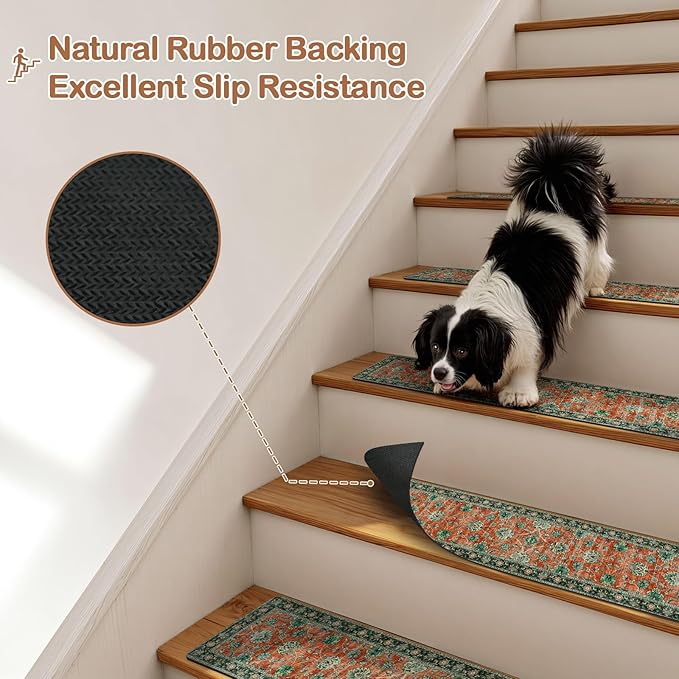 OJIA Vintage Stair Treads Non-Slip Stair Runners for Wooden Steps Indoor 15PCS 30"x8" Carpet Stair Treads Stair Mats Staircase Step Treads for Kids, Elders and Dogs, Stair Covers, Red