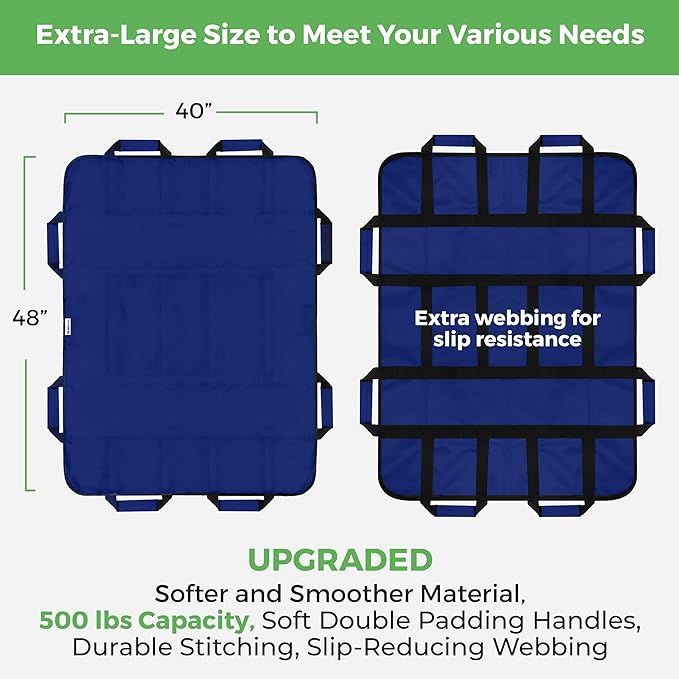 Positioning Bed Pad with 8 Reinforced Padded Handles - Washable Transfer Sheet for Lifting & Repositioning - Quick-Dry Patient Slide Blanket for Caregiver, Bedridden, Elderly - 48" x 40", Blue Ver 2