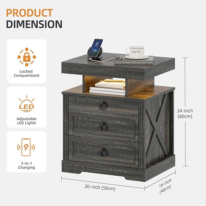 Gurexl Farmhouse Night Stand with Lockable Gun Drawer,LED Nightstand with Charging Station,Bedside Table with Human Sensor 3-Color Lights,End Table with 3 Drawers,Bedroom,Rustic