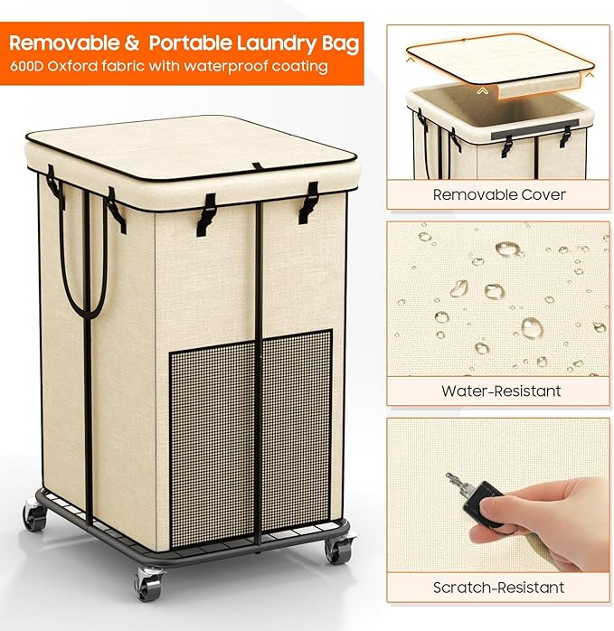 160L Laundry Hamper with Lid, Rolling Laundry Basket with Wheels, Large & Tall Dirty Clothes Hamper with Metal Frame and Removable Bag for Bedroom Aesthetic, Laundry Room, Bathroom, Dorm-Beige