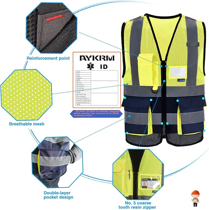 A-SAFETY High Visibility Mesh Safety Reflective Vest with Pockets and Zipper,Hi Vis Viz Reflective Safety Vest(Yellow&Navy Mesh XXL)