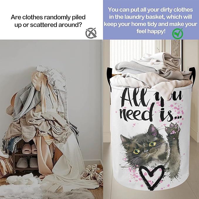 Cute Cat Laundry Basket, All you Need is Oxford Cloth Laundry Hamper With Handle Foldable Portable Clothes Storage Basket Storage Bag For Laundry Room/Bathroom/Bedroom/Dormitories