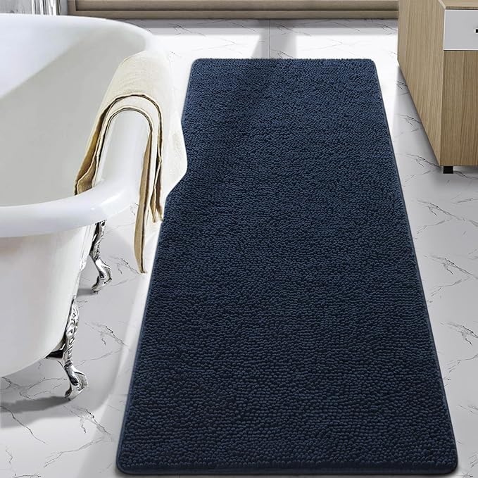 LOCHAS Luxury Bathroom Rug Shaggy Bath Mat 24 x 60 Inch, Washable Non Slip Bath Rugs for Bathroom Shower, Soft Plush Chenille Absorbent Carpets Mats, Navy