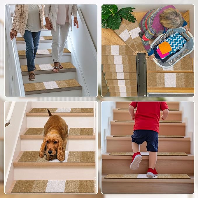 OLANLY Stair Treads Non Slip 15PCS, 8" x 30" Indoor Stair Runners for Wooden Steps, Edging Stair Rugs with Reusable Peel and Stick Adhesive for Kids Elders and Pets, Camel