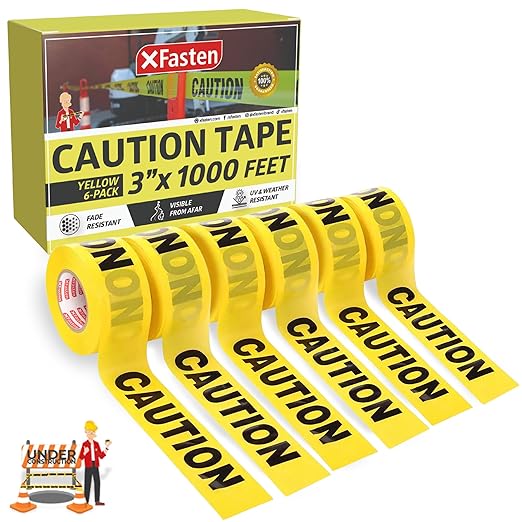 XFasten Yellow Caution Tape Roll Bulk, 3 in x 1000 ft (6-Pack), Thick and Durable Yellow Safety Tape for Barricades, Construction, Warning, and Hazard Areas – Easy to Loop, Weatherproof, Non-Fading