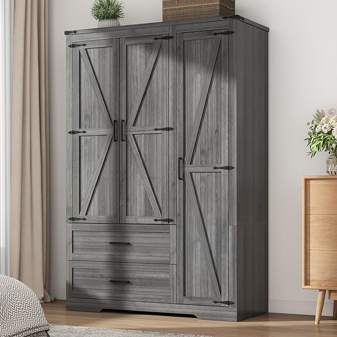 3 Doors Wardrobe Armoire Closet with Doors and Drawers, Farmhouse Wooden Armoire Storage Cabinet with Shelves & Hanging Rod for Bedroom, Grey