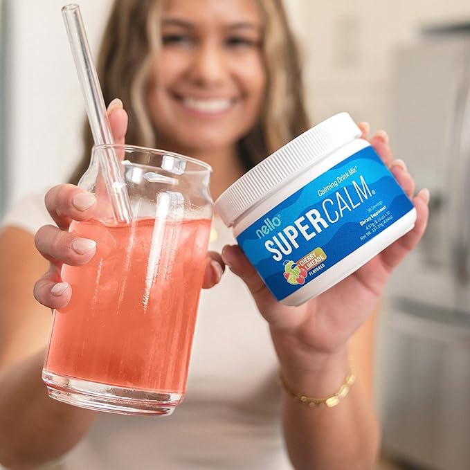 Nello Supercalm Powdered Drink Mix Tub, Cortisol Reducer* and Sleep Aid Supplement, L Theanine, Ksm-66 Ashwagandha, Magnesium Glycinate, Vitamin D 3, No Sugar, Non GMO, 30 Ct, Cherry Limeade