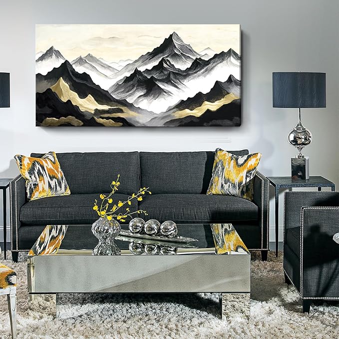 amatop Black Gold Mountain Wall Art – Large Modern Abstract Canvas Print, Inspirational Landscape Artwork for Living Room, Bedroom & Office Decor (58x29 Inch)