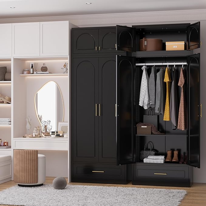 Metal Armoire Wardrobe Closet witih Drawer, Freestanding Wardrobe Cabinet with Hanging Rod, Clothing Storage Cabinet with Doors for Bedroom, 18" D x 32" W x 86" H, Black, Assemble Required