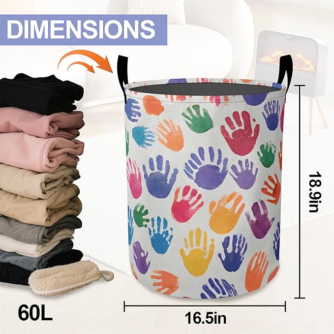 Laundry Basket,Cartoon Colorful Handprints Large Canvas Fabric Lightweight Storage Hamper Organizer Dirty Clothes Collapsible Waterproof for College Dorms,Bathroom