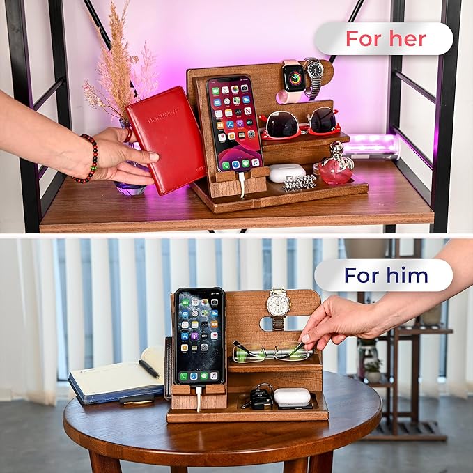 TESLYAR Wood Phone Docking Station for Men - Desktop or Nightstand Organizer - Birthday Gifts for Men, Dad - Anniversary Idea from Wife - Key Holder, Stand Wallet, Watch & Essentials (Earth Beige)