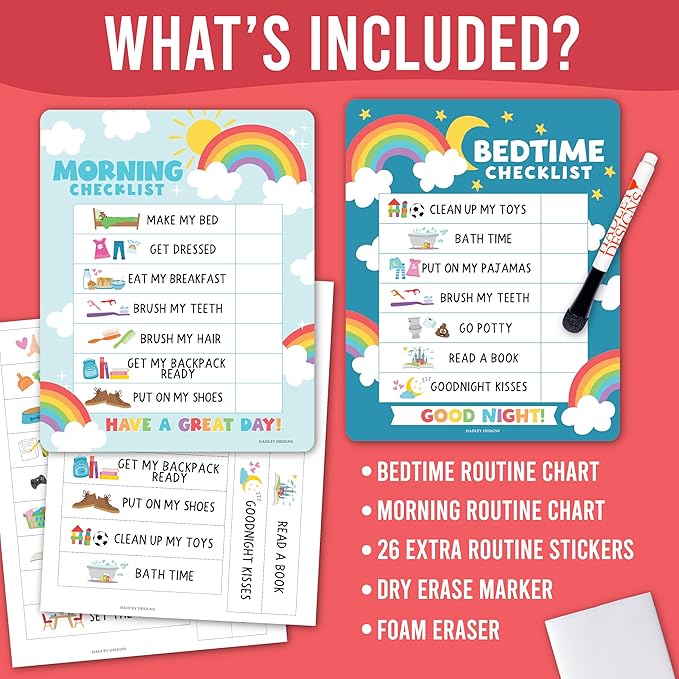 Magnetic Morning & Bedtime Routine Chart for Kids - Customizable Toddler Daily Schedule Board with Dry Erase Surface, Stickers & Marker, Build Habits with Visual Checklists, Colorful Theme