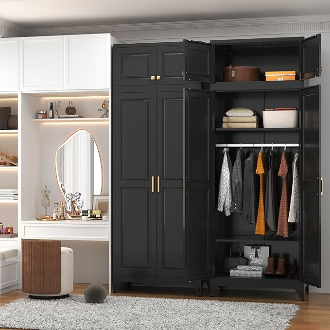 Metal Armoire Closet, 86 Inch Tall Wardrobe Armoire with Hanging Rod, Wardrobe Closet for Clothes with Doors, 18" D x 32" W x 86" H,Black, Assemble Required, Shipped in Two Packages