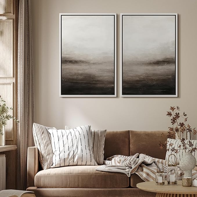 MUDECOR Framed Canvas Print Wall Art Neutral Abstract Modern Minimalist Landscape in Beige and Gray Illustrations Modern Art Decorative Bohemian for Living Room, Bedroom, Office - 16"x24"x2 White