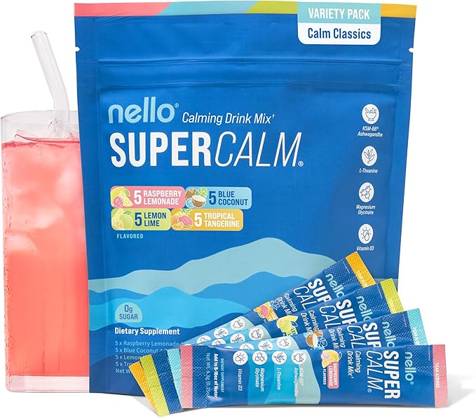 Nello Supercalm Powdered Drink Mix, Cortisol Reducer* and Sleep Aid Supplement, L Theanine, Ksm-66 Ashwagandha, Magnesium Glycinate, Vitamin D 3, No Sugar, Non GMO, On The Go, 20 Ct, Variety Pack