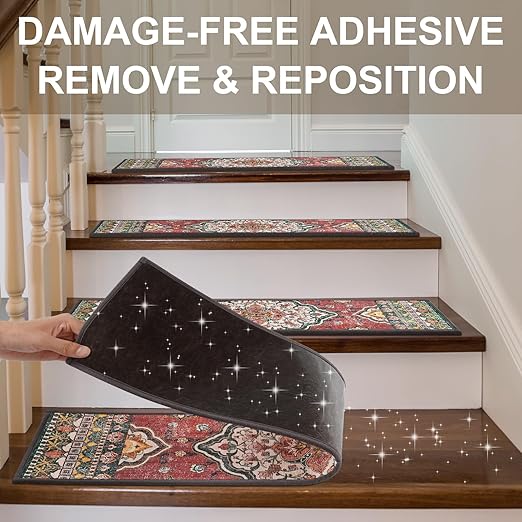 Non Slip Stair Treads for Wooden Steps Indoor, Red, 15pcs, 30"X8", Soft Carpet Mat, Machine Washable Boho Carpet Treads with Reusable Adhesive Backing, Safety Stair Tread for Dogs, Kids, Elders