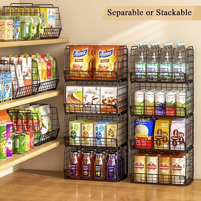 4 Pack Stackable Pantry Organizer and Storage Baskets, Foldable Wire Baskets for Pantry Storage, Large Pantry Organizers for Fruit, Vegetable, Snack, Bread, Produce Storage – Black