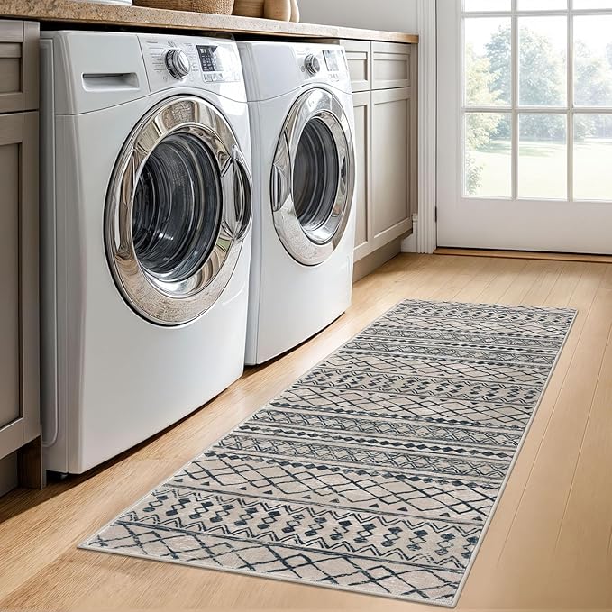 KUTA Boho Kitchen Rug 2x5 Light Brown Black Moroccan Washable Runner Rug Non-Slip Vintage Hallway Runners Ultra Soft Distressed Geometric Floor Carpet for Bedroom Laundry Living Room