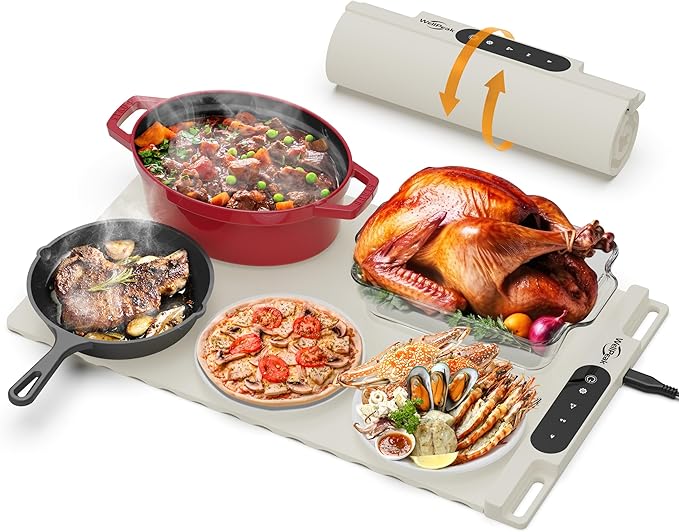 Electric Warming Mat for Food - Full Surface Fast Heating Silicone Tray with 3-Level Temperature, Auto-Off, Raised Feet for Table Protection, Versatile Warmer for Gatherings Parties Buffets