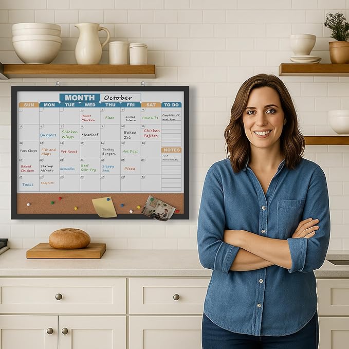 Monthly Calendar Dry Erase Board 24x18 Inch, Double-Sided Whiteboard and Corkboard Combo with Black MDF Frame (Color Calendar), Wall Mounted Planner with Marker, Magnet, Push Pin, Eraser
