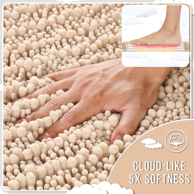 Yimobra Bathroom Rugs Sets 2 Piece - Quick Dry Extra Thick Luxury Chenille Bath Mat, Non Slip Super Absorbent for Tub Shower Sink, Machine Washable Shaggy Floor Mat, 32"x20"+24"x20" Inch, Light Brown