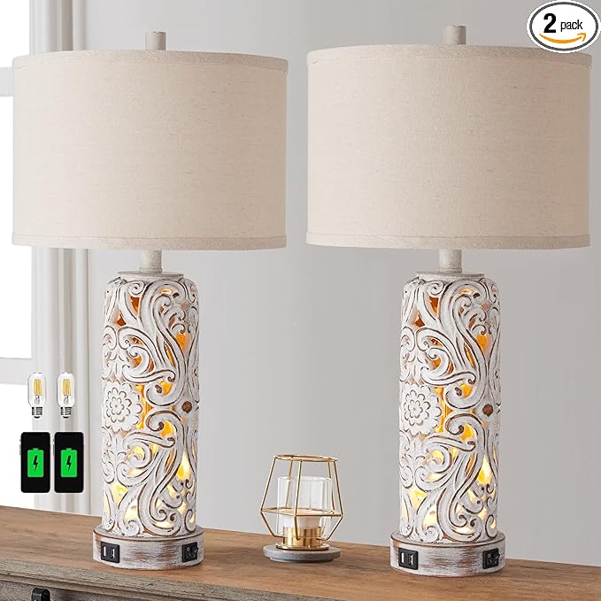 Set of 2 Rustic Farmhouse Table Lamps for Living Room Bedroom, Vintage Bedside Lamp with Dual USB Port, Antique White Resin Retro Nightstand Lamps with Night Light