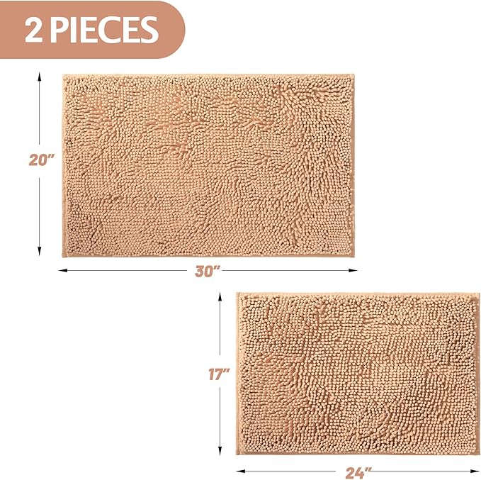 Bathroom Rugs 2 Piece Set – Absorbent, Non-Slip, Soft Chenille Bath Mat, Machine Washable, Comfortable Floor Mats (24"×17” & 20"×30”, Beige)
