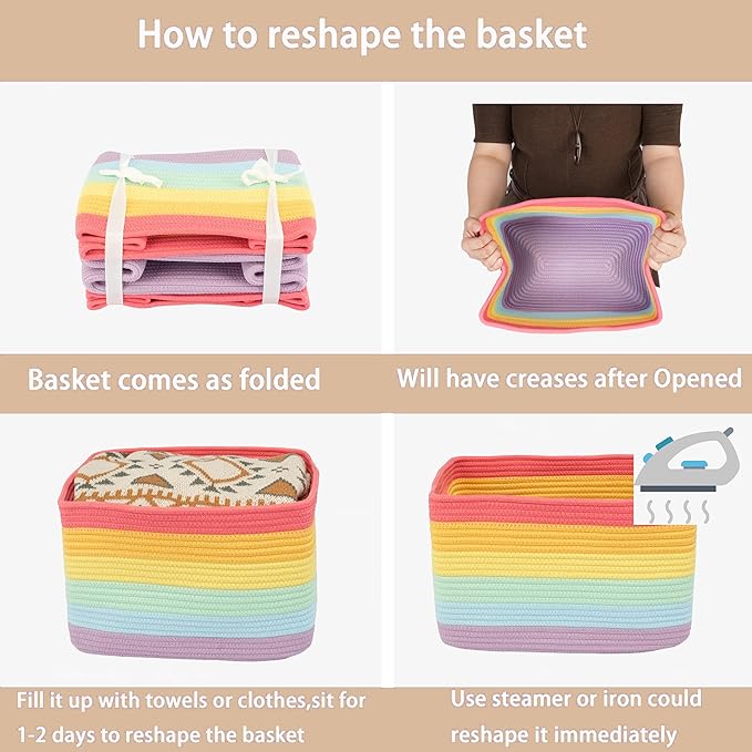 3-Pack Rainbow Storage Baskets 15X10X9.3“ – Woven Toy Organizer Bins for Kids, Baby Room, Nursery, and Classroom – Cute Square Rope Baskets for Shelves and Organization Rainbow