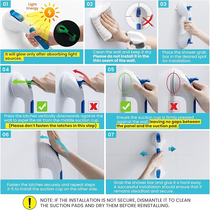 TAILI Shower Grab Bar Glow in The Dark, 12.2 in Grab Bars for Bathtubs and Showers, Bath Handles Bath Rails for Seniors and Elderly,Bathroom Safety Grip Removable No Drilling Waterproof Blue