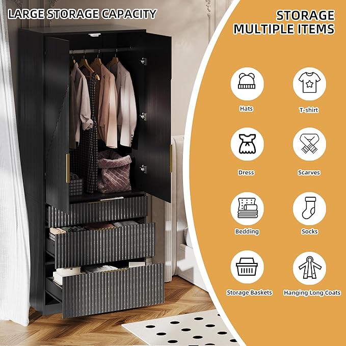 71.7" Wardrobe Armoire Wooden Closet with 2 Doors and 3 Drawers, Bedroom Armoire with Hanging Rod Shelf, Large Capacity Storage Wardrobe Armoire, Freestanding Wooden Closet Storage Cabinet Black