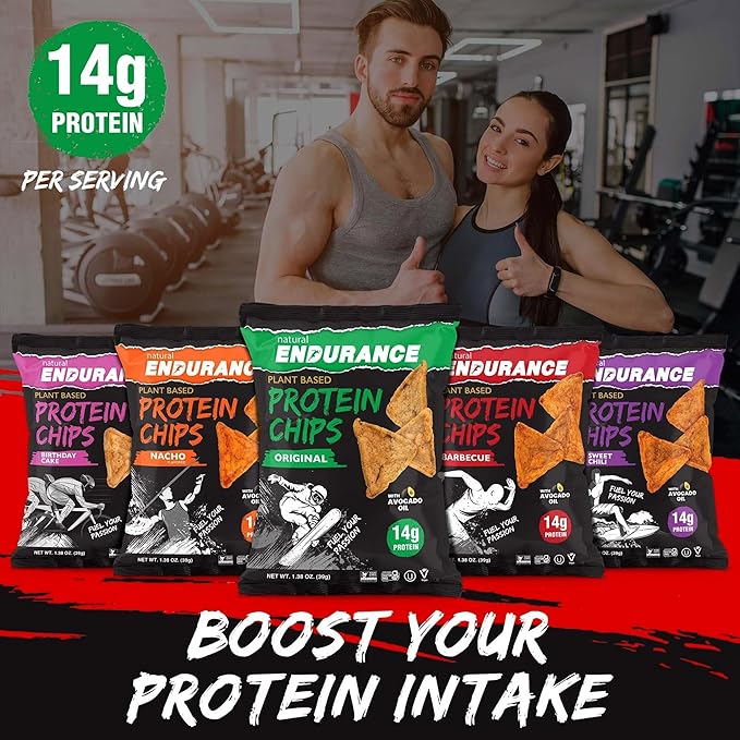 Natural Endurance Protein Chips - Barbecue Chips, Low Carb Chips, High Protein Snack, Vegan Protein with Avocado Oil, 14g Protein Per Bag, Gluten Free, BBQ Flavor - 1.38 oz Bags (Pack of 12)